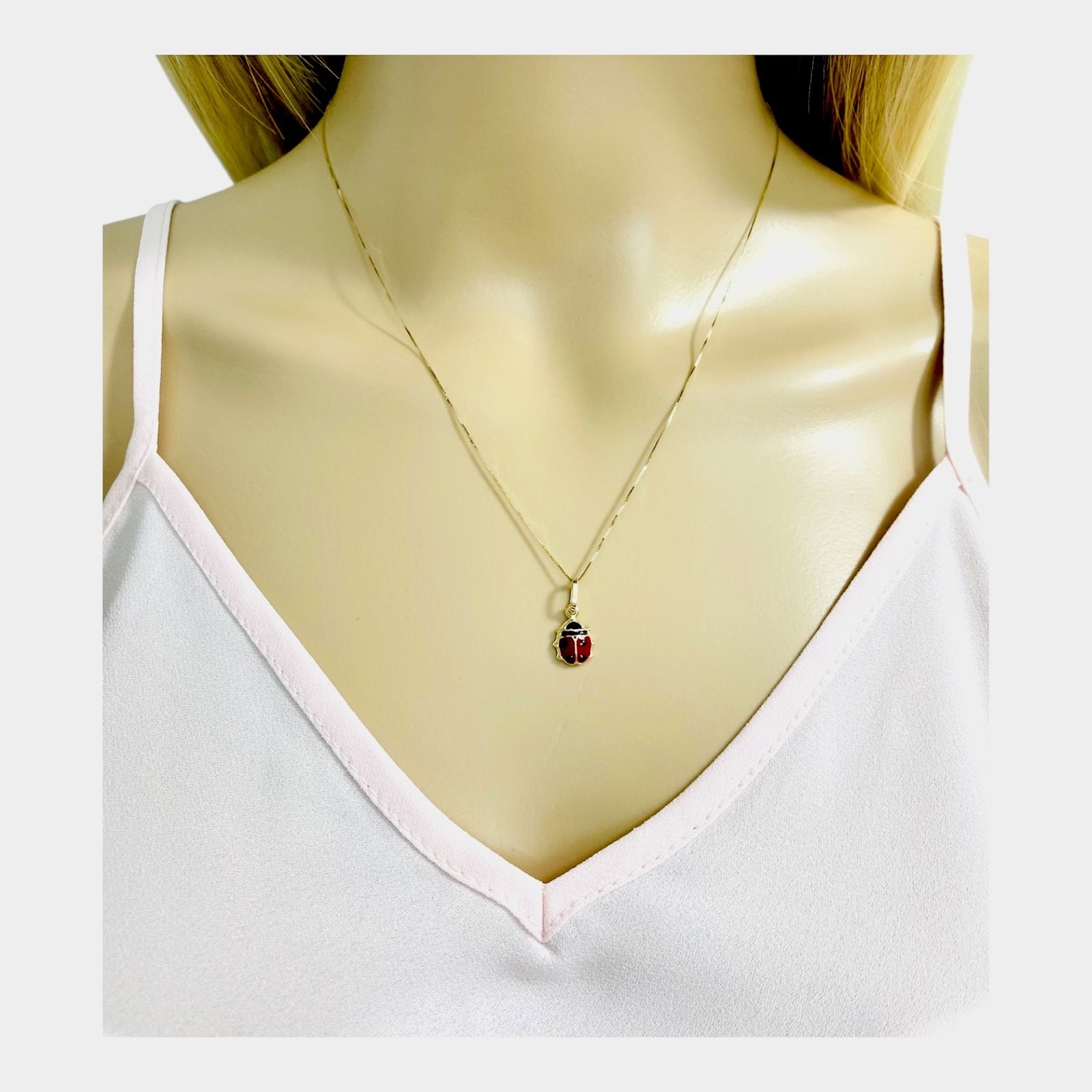 14K Solid Yellow Gold Ladybug Lucky Pendant Necklace – 0.5mm Box Chain- PT505