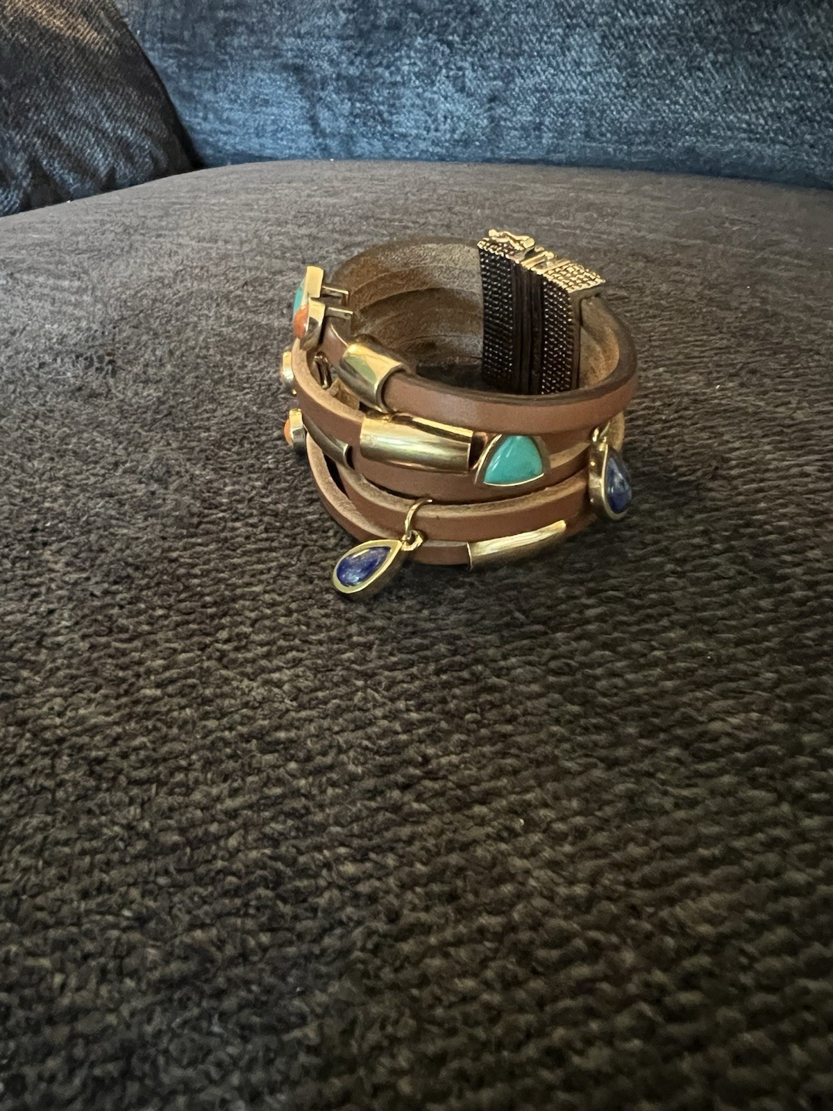 Barse Brown Leather Wrap Charm Bracelet Magnetic Closure Dangle Charms Signed