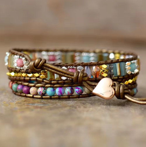 Natural Sea Sediment Jasper Leather Wrap Bracelet Handmade Beaded Cord Women’s
