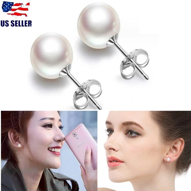 925 Sterling Silver Genuine Freshwater White Pearl Stud Earrings Gift for Women