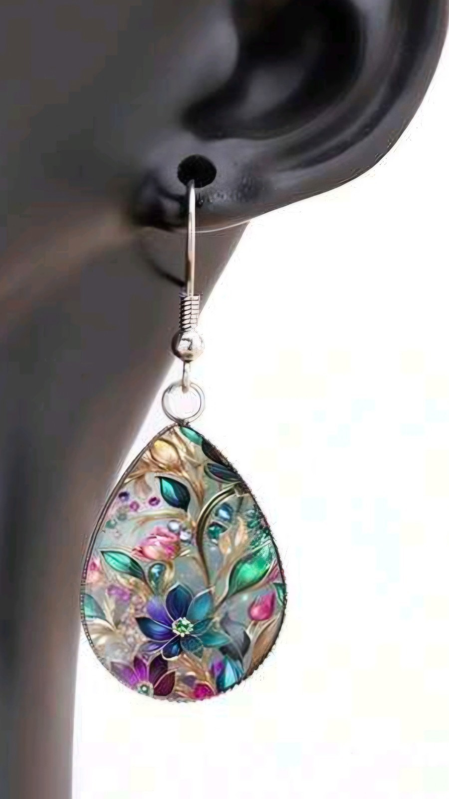 Boho Silver Multi-Color Floral Teardrop French Hook Earrings Approx 1.8″L