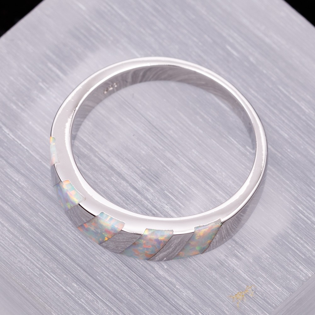 Diagonal Stripes White Fire Opal Silver Jewelry Women Band Ring Size 6 7 8 9