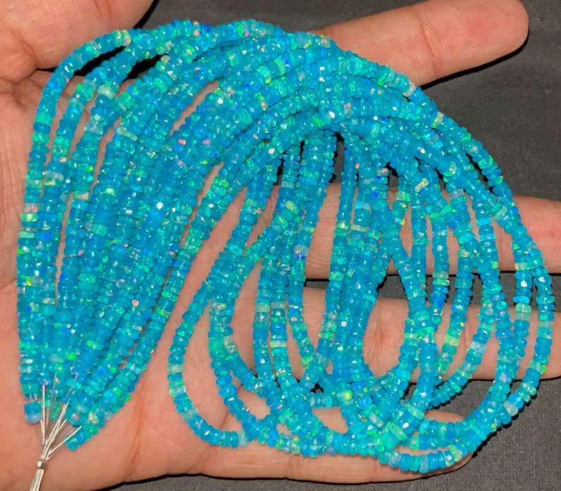 AAA+ Blue Opal Beads 3-3.5mm Faceted Rondelle 16″ Paraiba Blue Fire Easter Gift