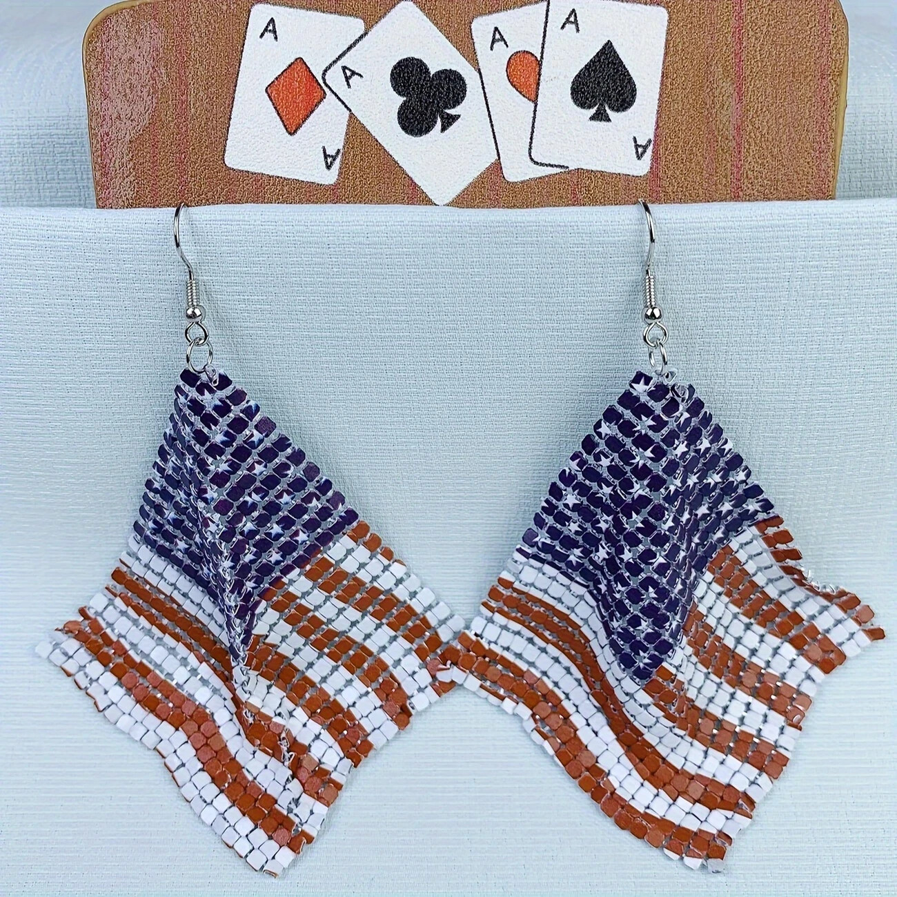 Patriotic American Flag Geometric Square Mesh Dangle Earrings Independence Day