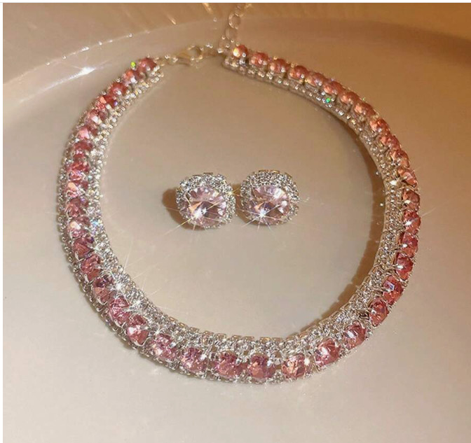 JEWELRY SET-PINK Crystal Necklace 15.7″ and Earrings Jewelry Set
