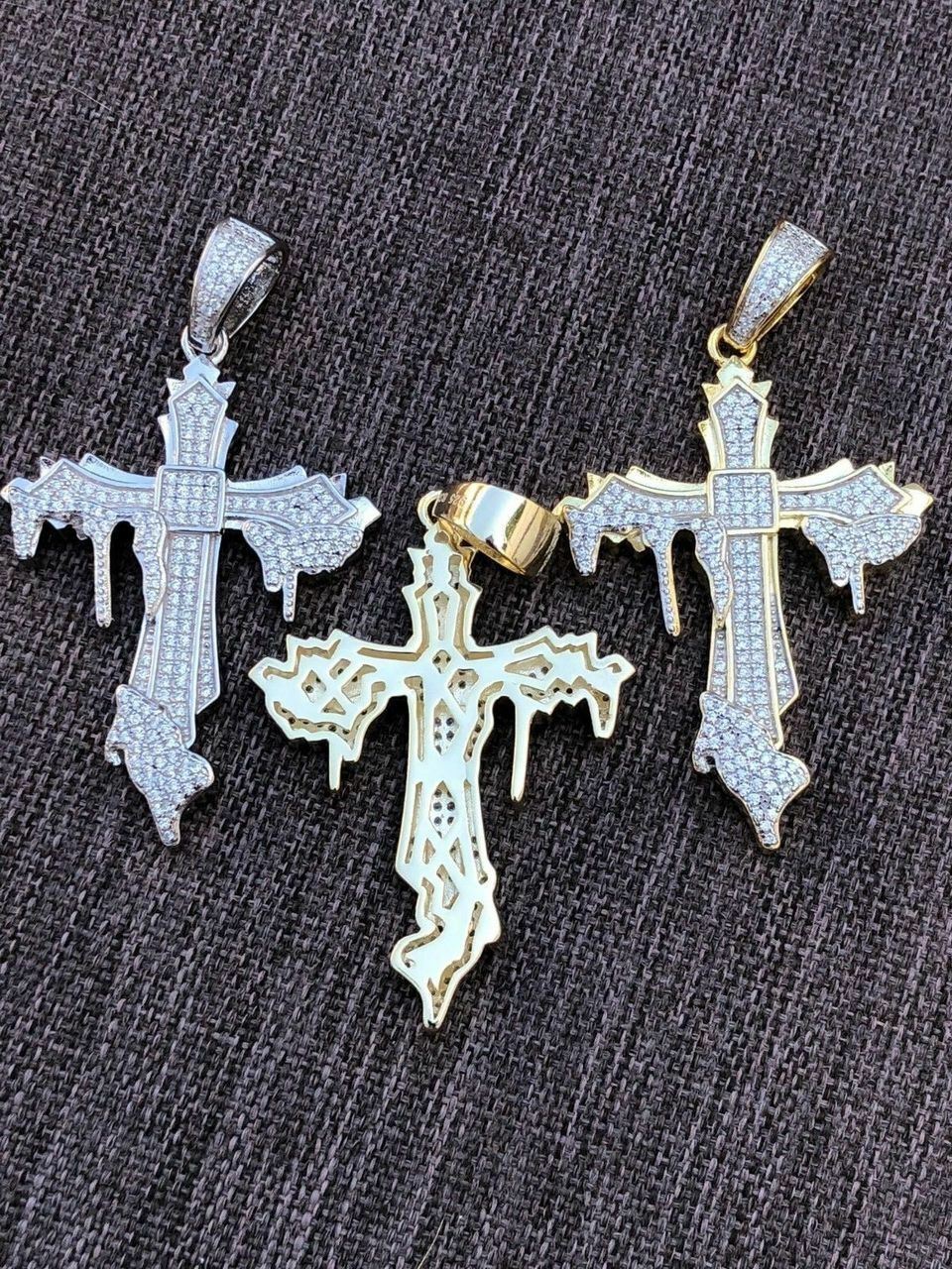 Solid 925 Sterling Silver Gold Plated Dripping Cross Mens Icy Pendant Flooded CZ