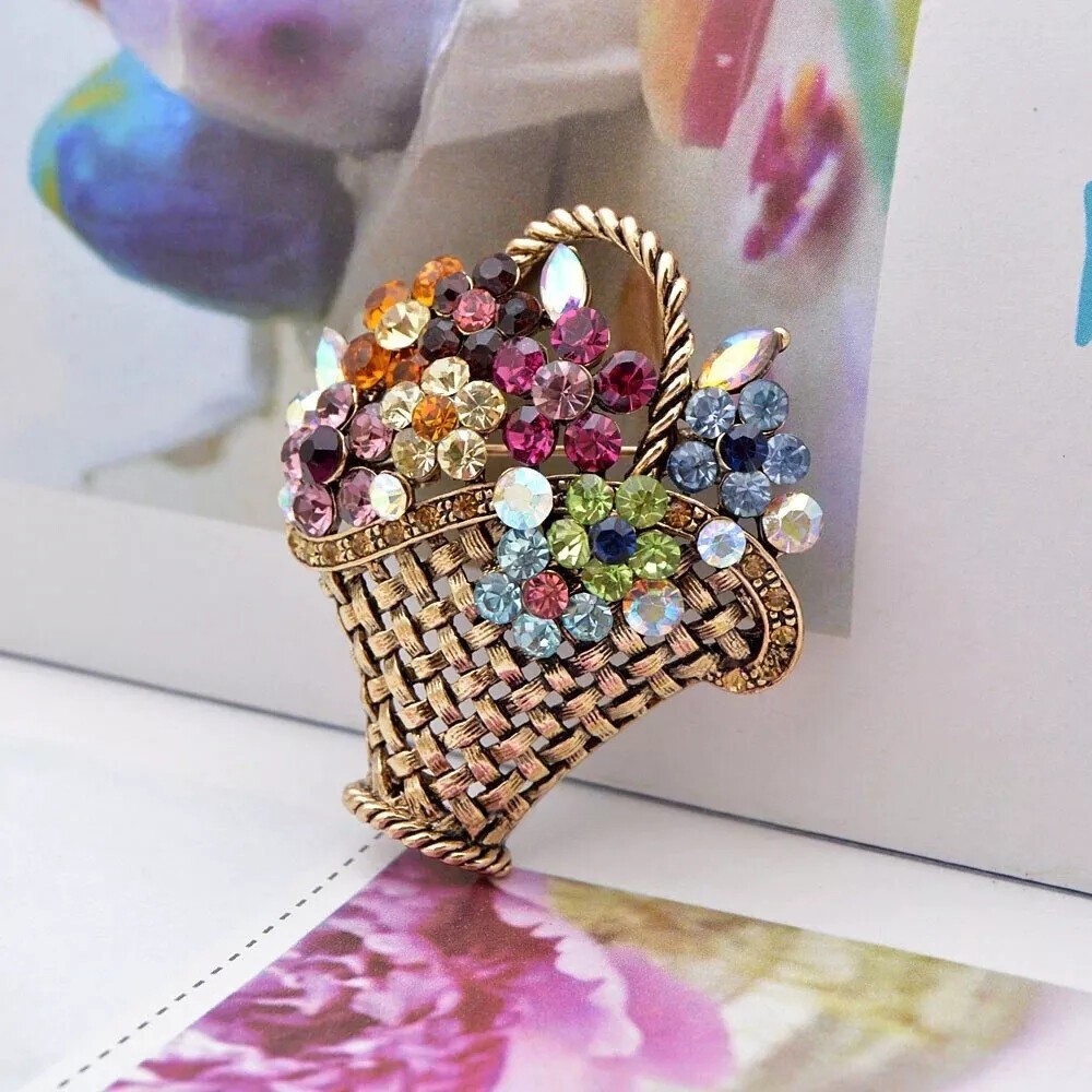 Flower Basket Bouquet Brooch Pin with Rhinestones Gold Tone Metal Vintage Style