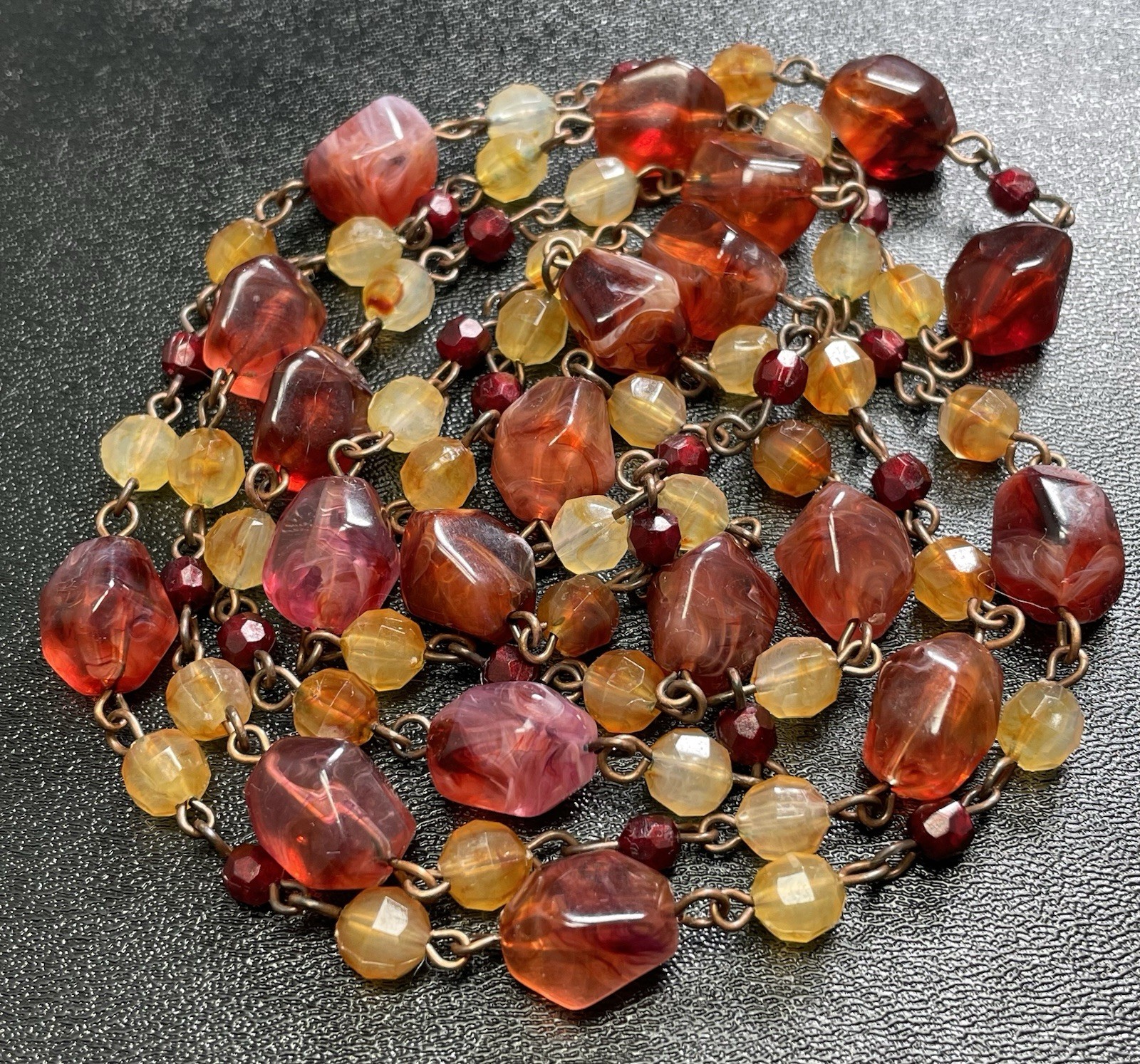 Vintage 48” Red & Orange Chunky Lucite Beaded Chain Necklace