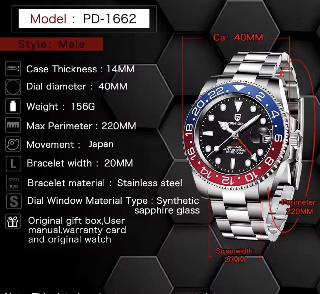 Fast Shipping! Men’s Pagani Design 40mm Pepsi Oyster GMT Watch.