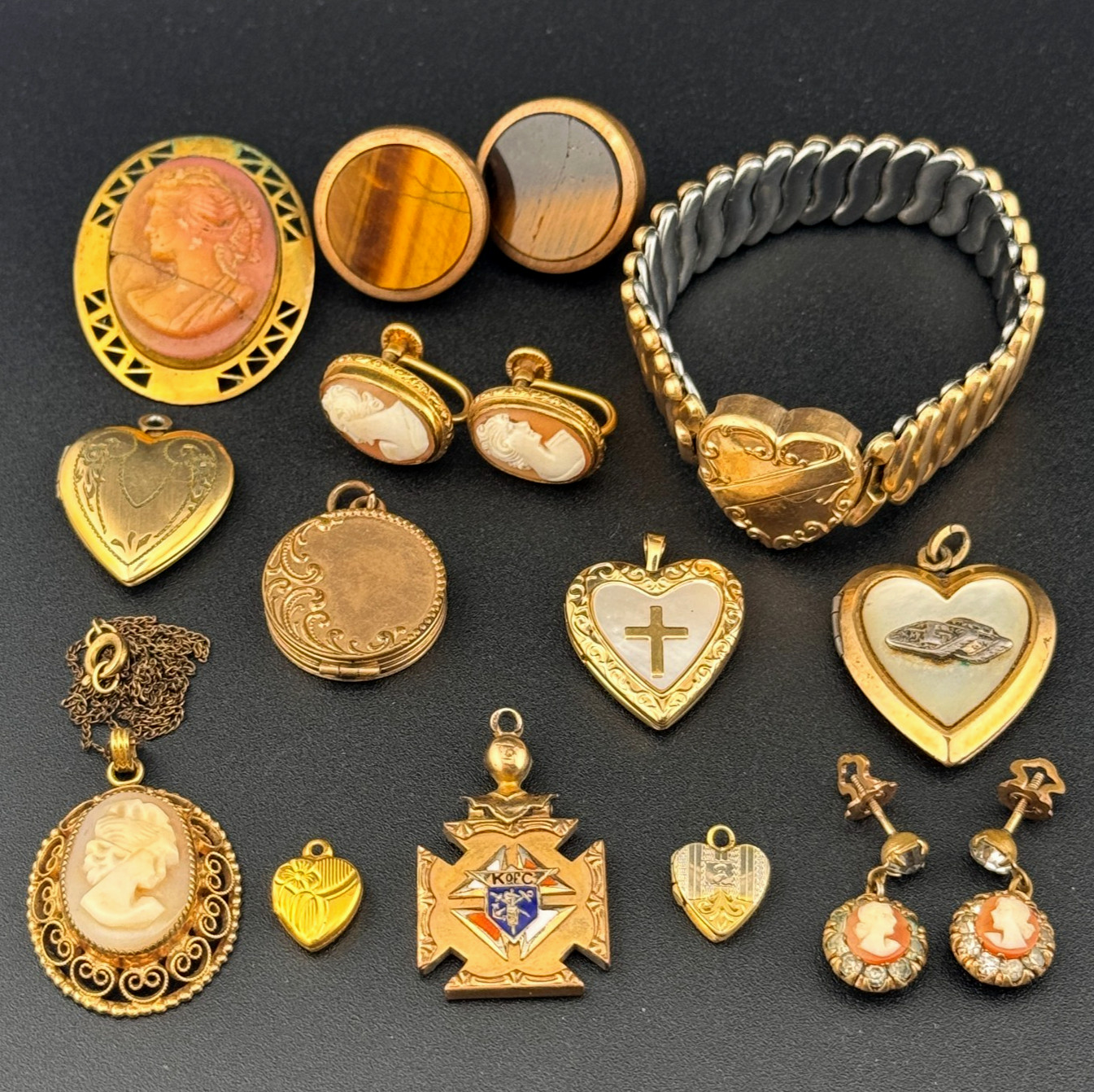 Antique Gold Filled Jewelry Lot 73.7g – 16 Locket Expansion Bracelet Fob Cameo