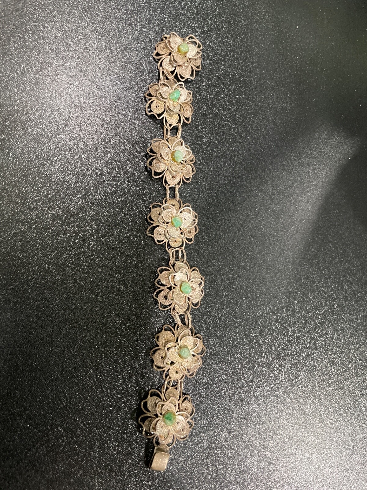 Bracelet From Peru Detailed Sterling Silver & Unpolished Emerald 7″