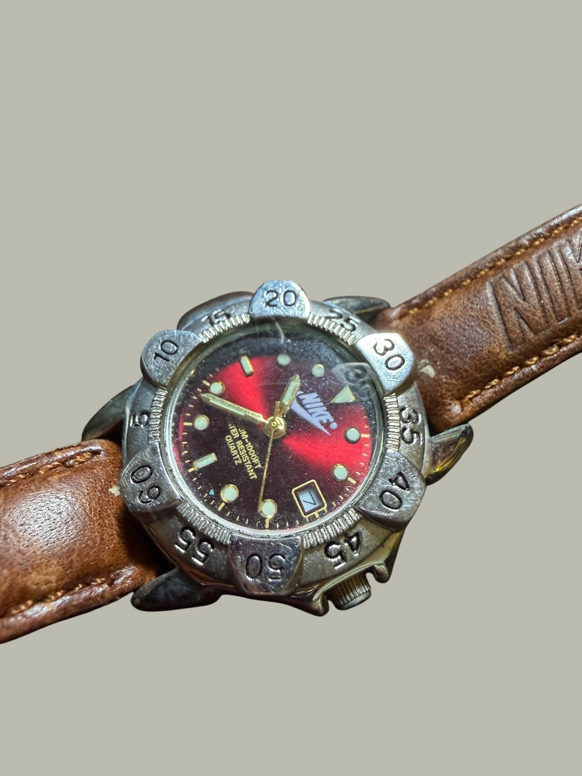 Vintage Nike Watch Red Dial Diver Style Quartz Brown Leather Band Water