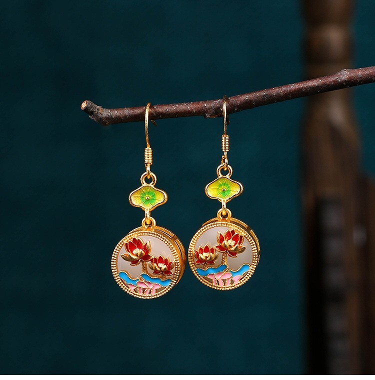 Jade Enamel Drop Dangle Earrings Retro Flower Dainty Gemstone 18K Gold Plated