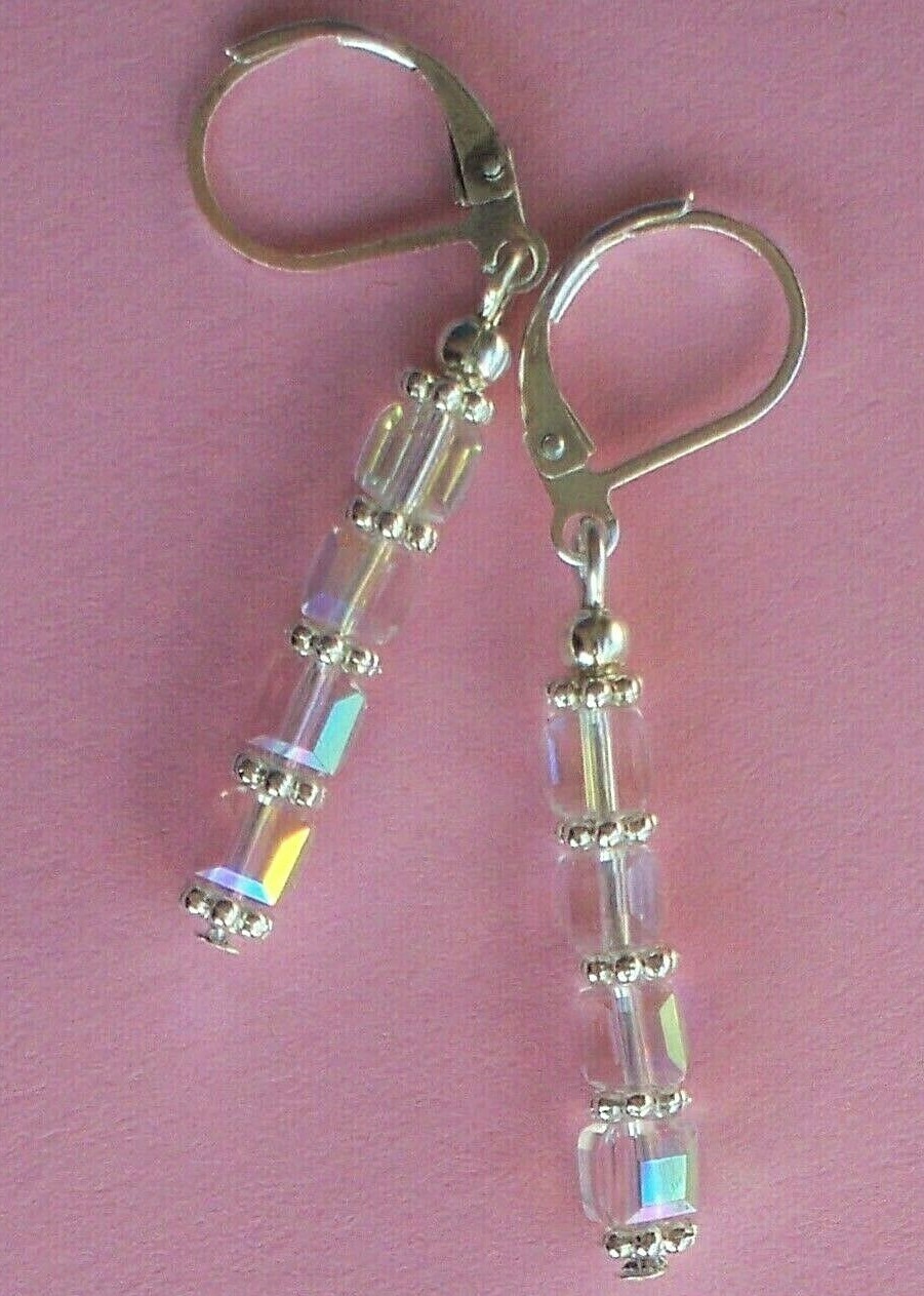 AB CRYSTAL cube earring SP LEVER BACK hand crafted X2