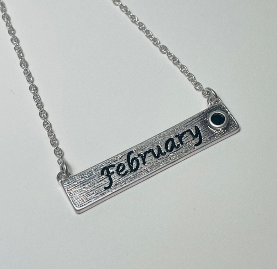 Personalized February Birthstone Necklace Bar Pendant Dainty Silver Plated