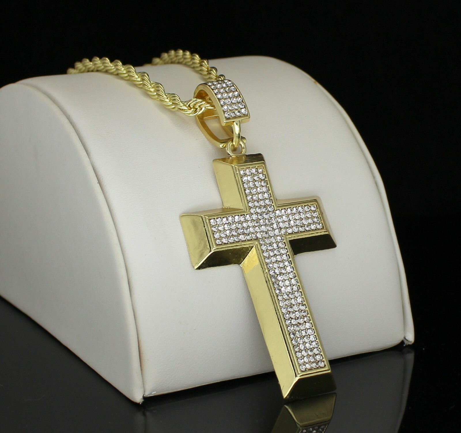 Large Iced CZ Cross Pendant HipHop Fashion 14k Gold Plated w/ 24″ Rope 4mm Chain