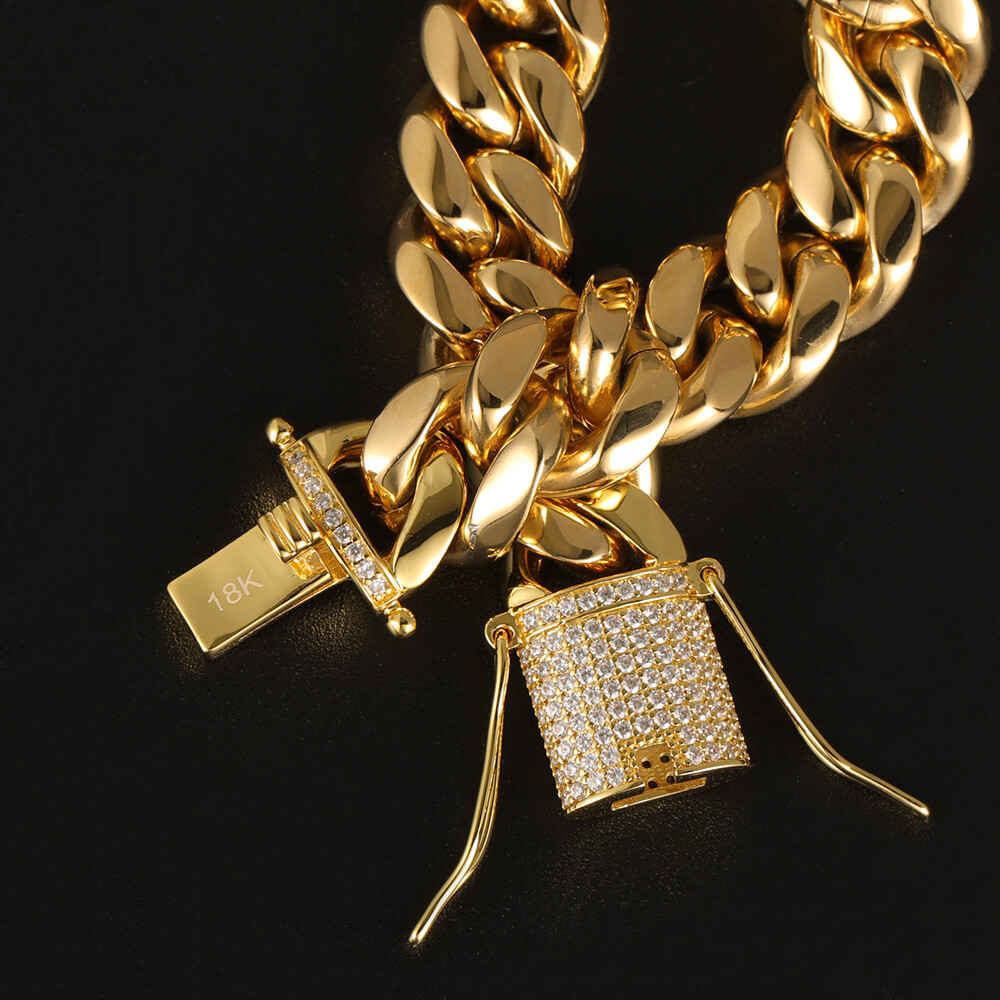 Miami Cuban Link Chain Bracelet Set For Men Solid 316L Stainless Steel 18K Gold
