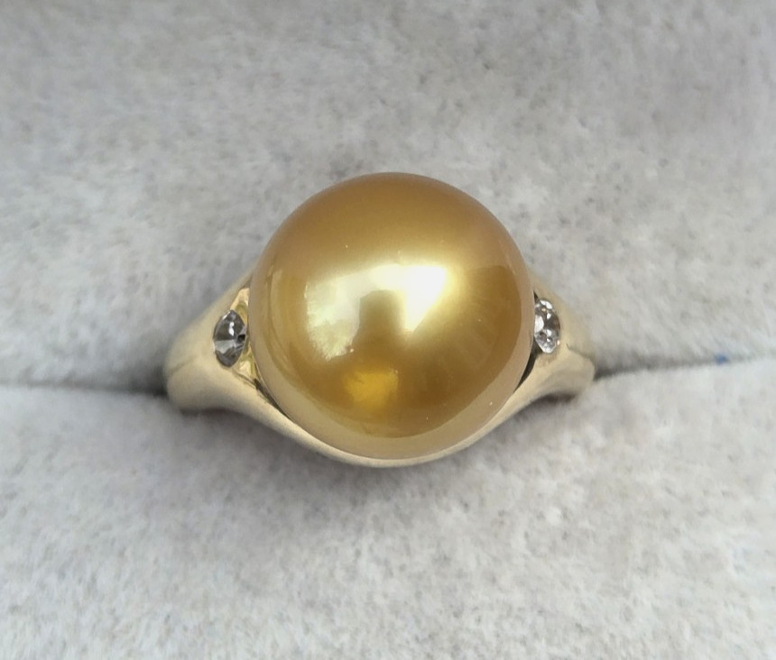 Golden South Seas Cultured Pearl Ring in Solid 14K Yellow Gold, 12mm, Size 6