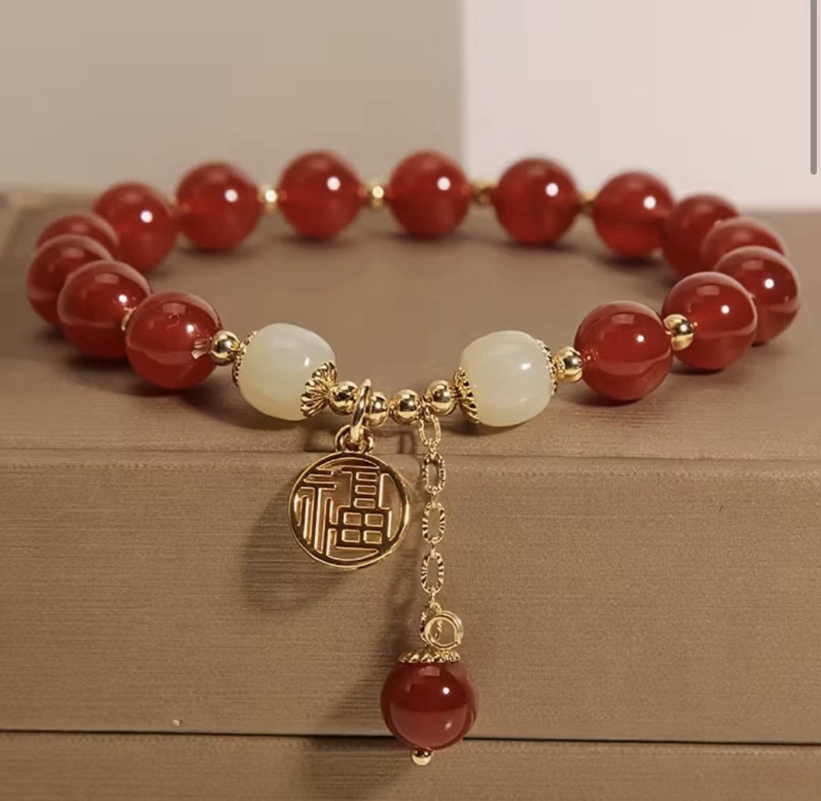 Feng Shui Red Agate Beaded Bracelet gold-plate “Fu” (福) Good Luck. Free Shipping