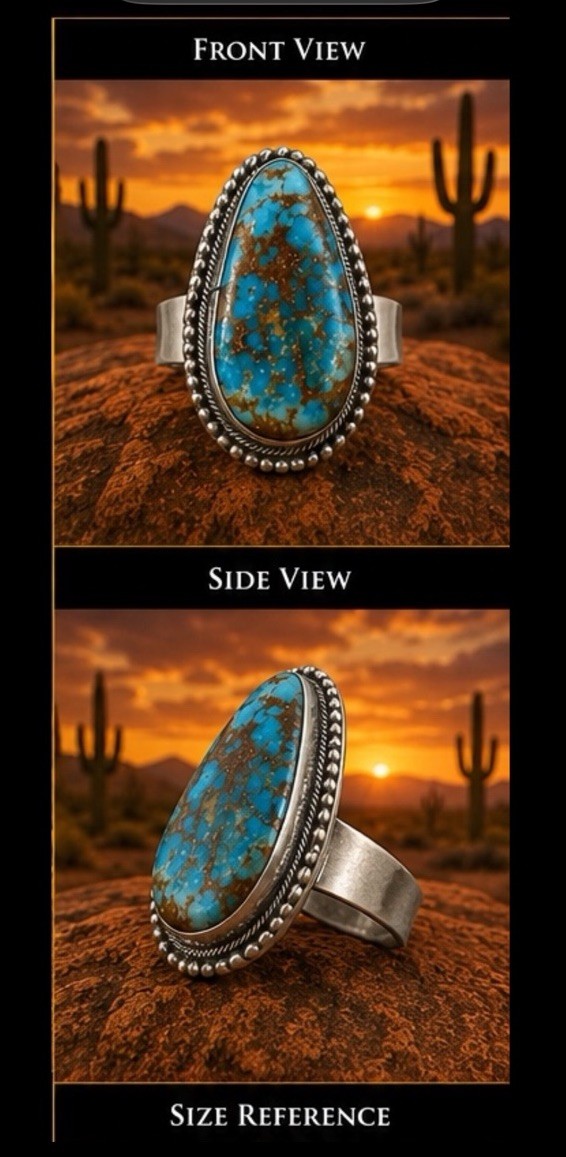 Navajo Web Kingman Turquoise Statement Adj Ring SS 925 Signed A Martinez Native