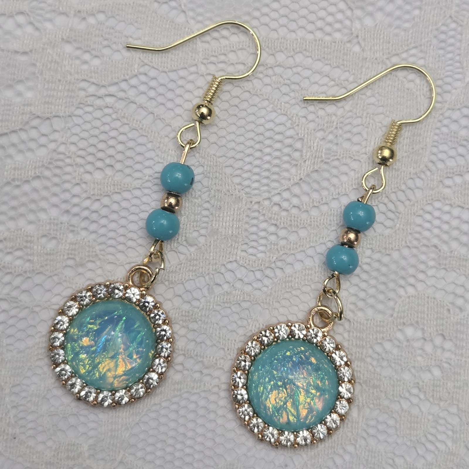 Earrings Gold Blue Beaded Dangle Drop Iridescent Center Glass Hook Fashion