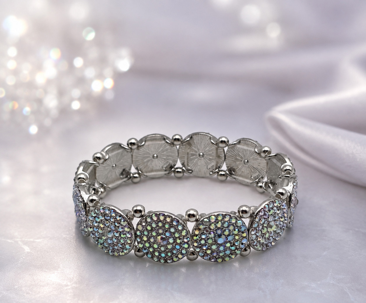 Silver Tone AB Crystal Pave Circle Link Stretch Bracelet 6.5 In Statement