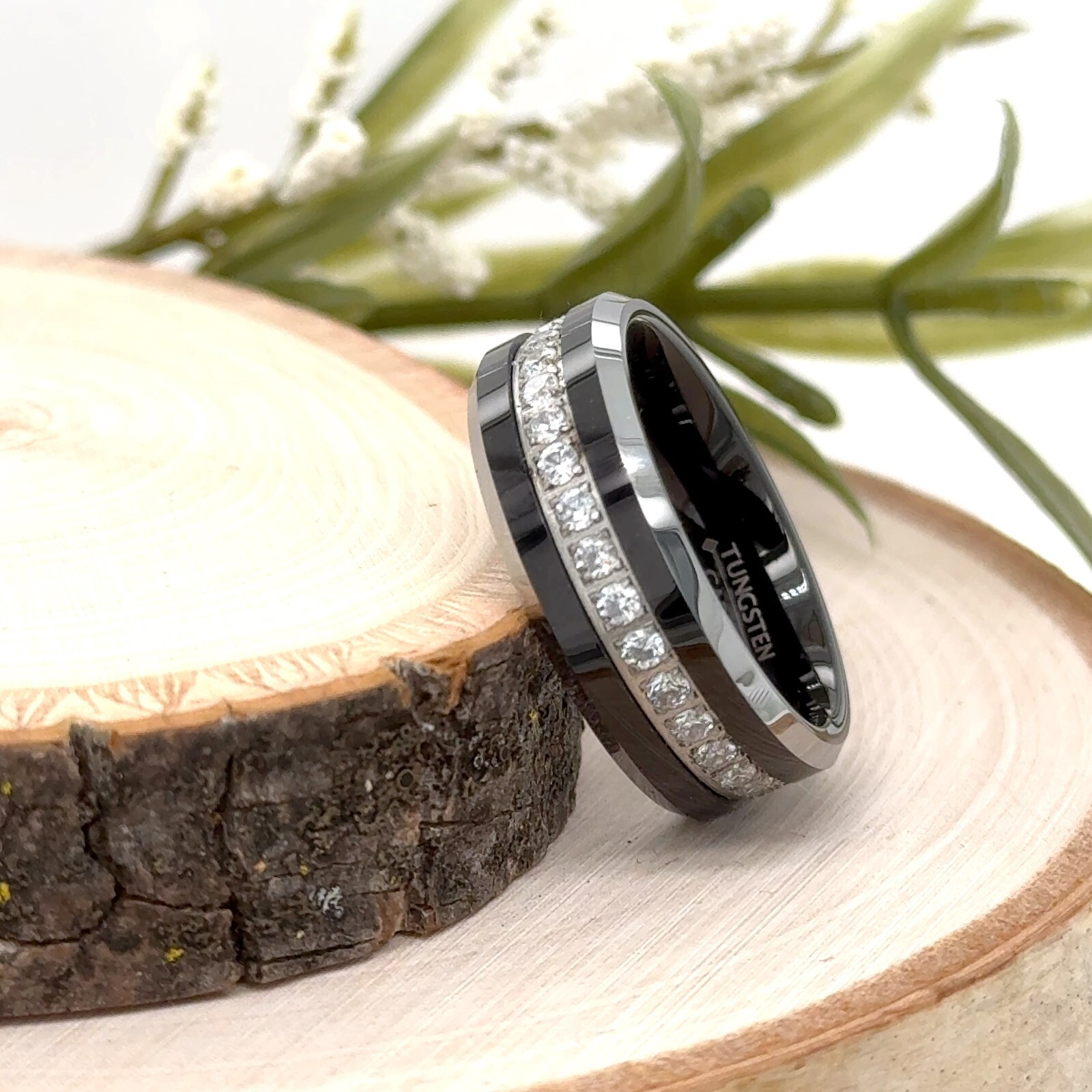 8mm Black & Silver Polished Titanium Ring Pipe Cut White CZ Christmas Gifts Ring