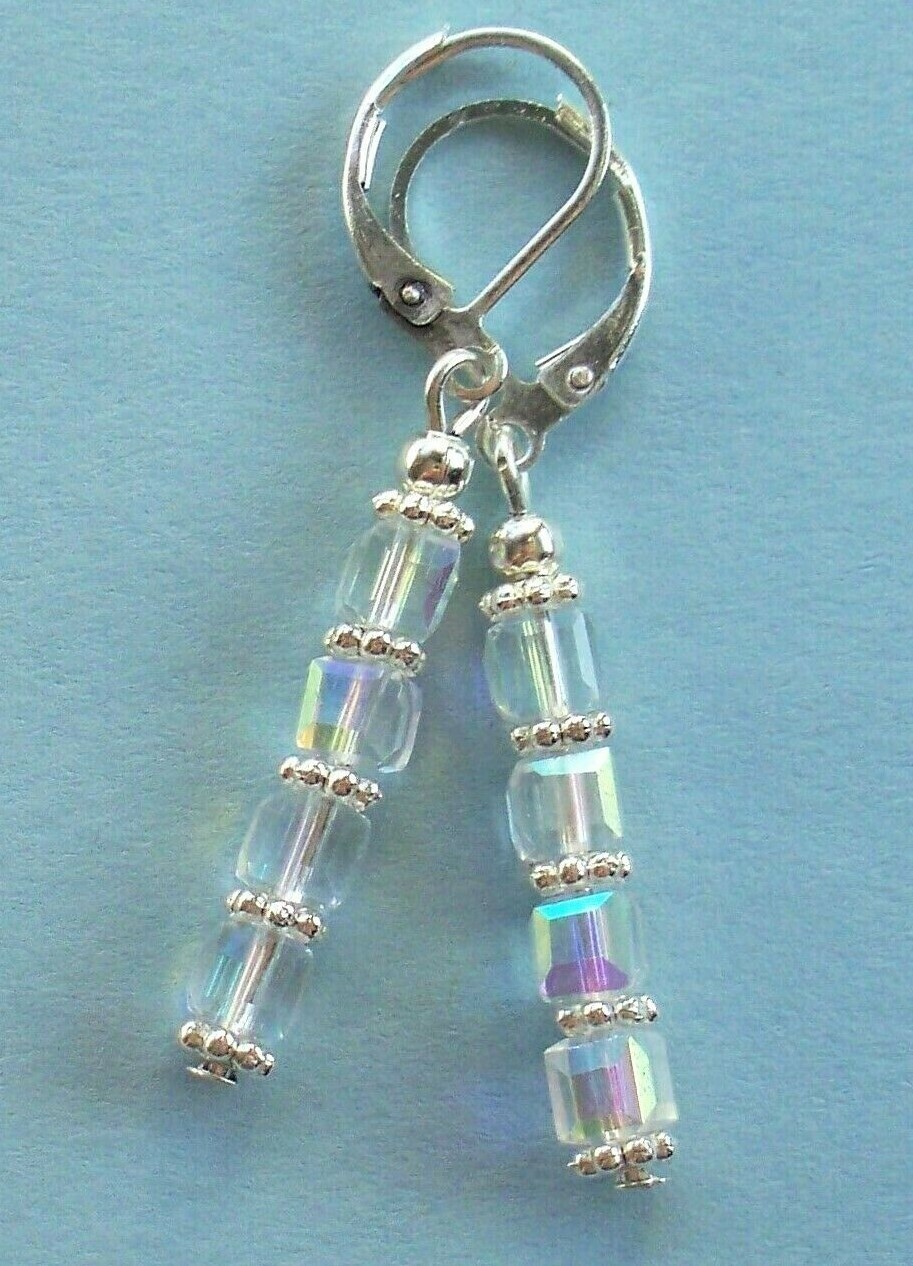 AB CRYSTAL cube earring SP LEVER BACK hand crafted X2