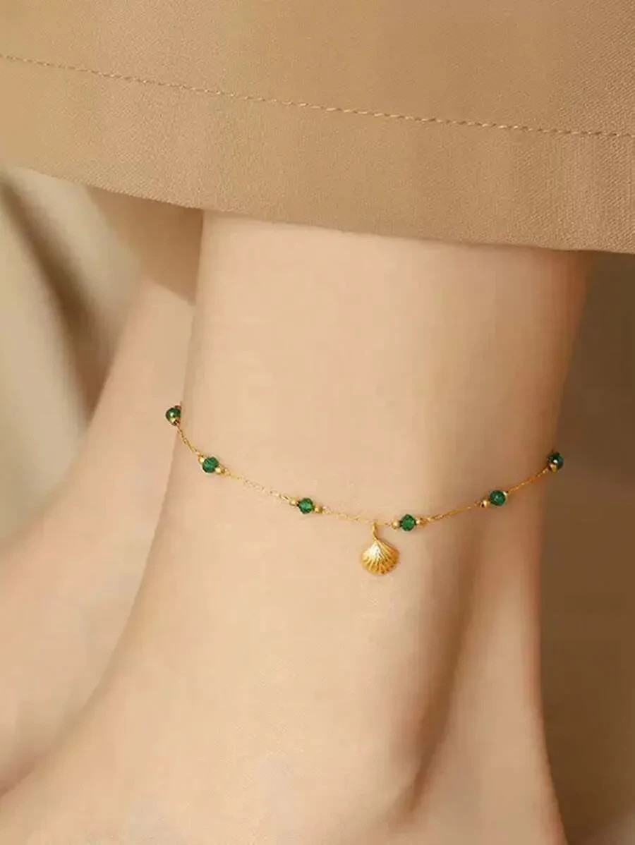 18K Gold Plated Seashell Emerald Bead Anklet Stainless Steel Women