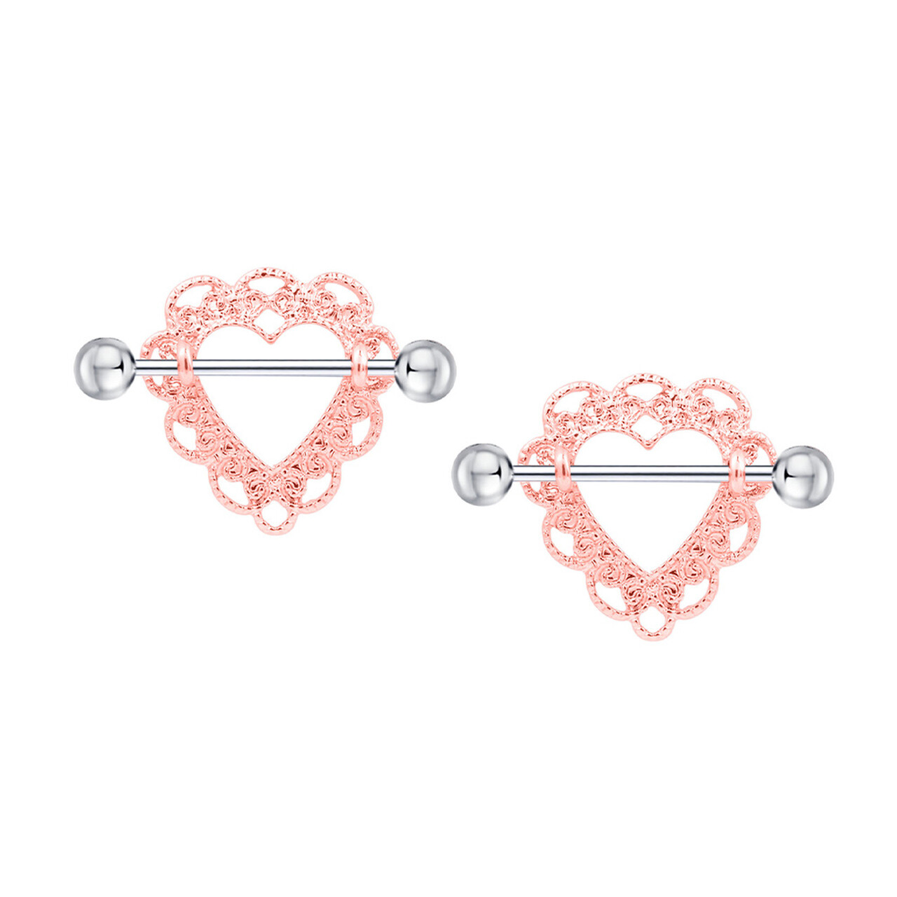 Nipple rings Barbells surgical steel Heart rose gold design Sold as a pair