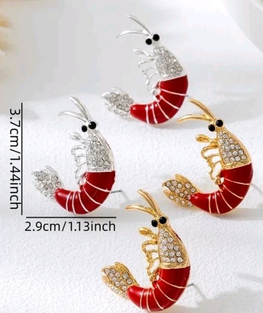 Super Cute Shrimp Stud Earrings, Rinestone Embellished Goldtone, Red Enamel