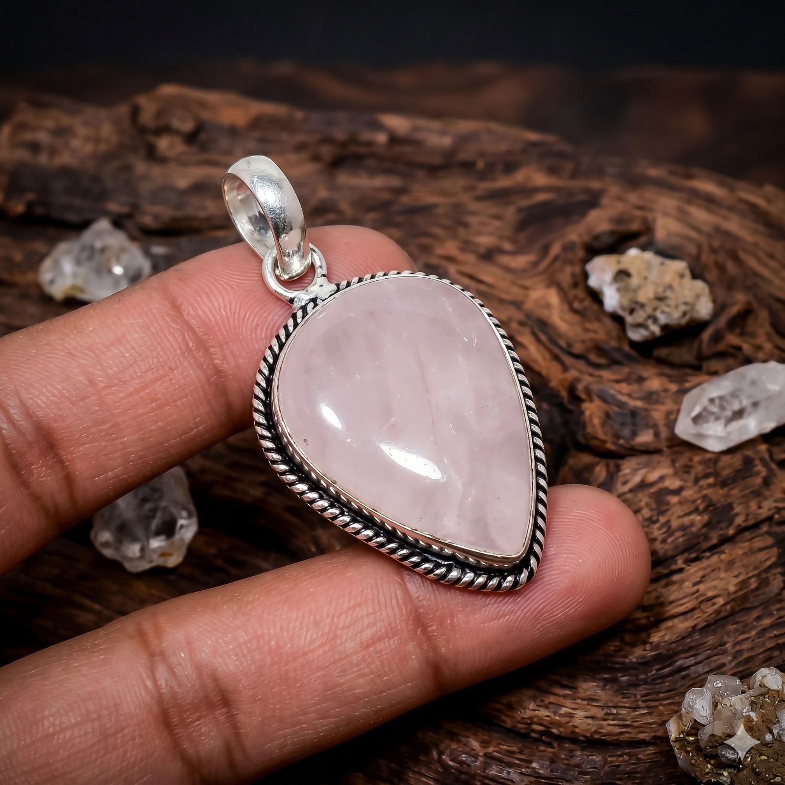 Gift For Her 925 Sterling Silver Rose Quartz Gemstone Jewelry Pendant
