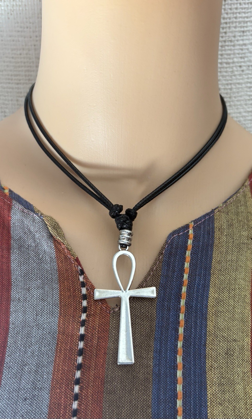 Ankh Cross Charm Pendant Black Cord Necklace Religious Theme Adjustable