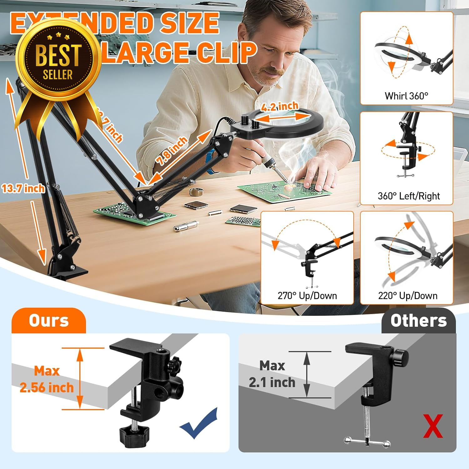12X Magnifying Lamp with Clamp LED Light Dimmable 35in Arm Glass Lens