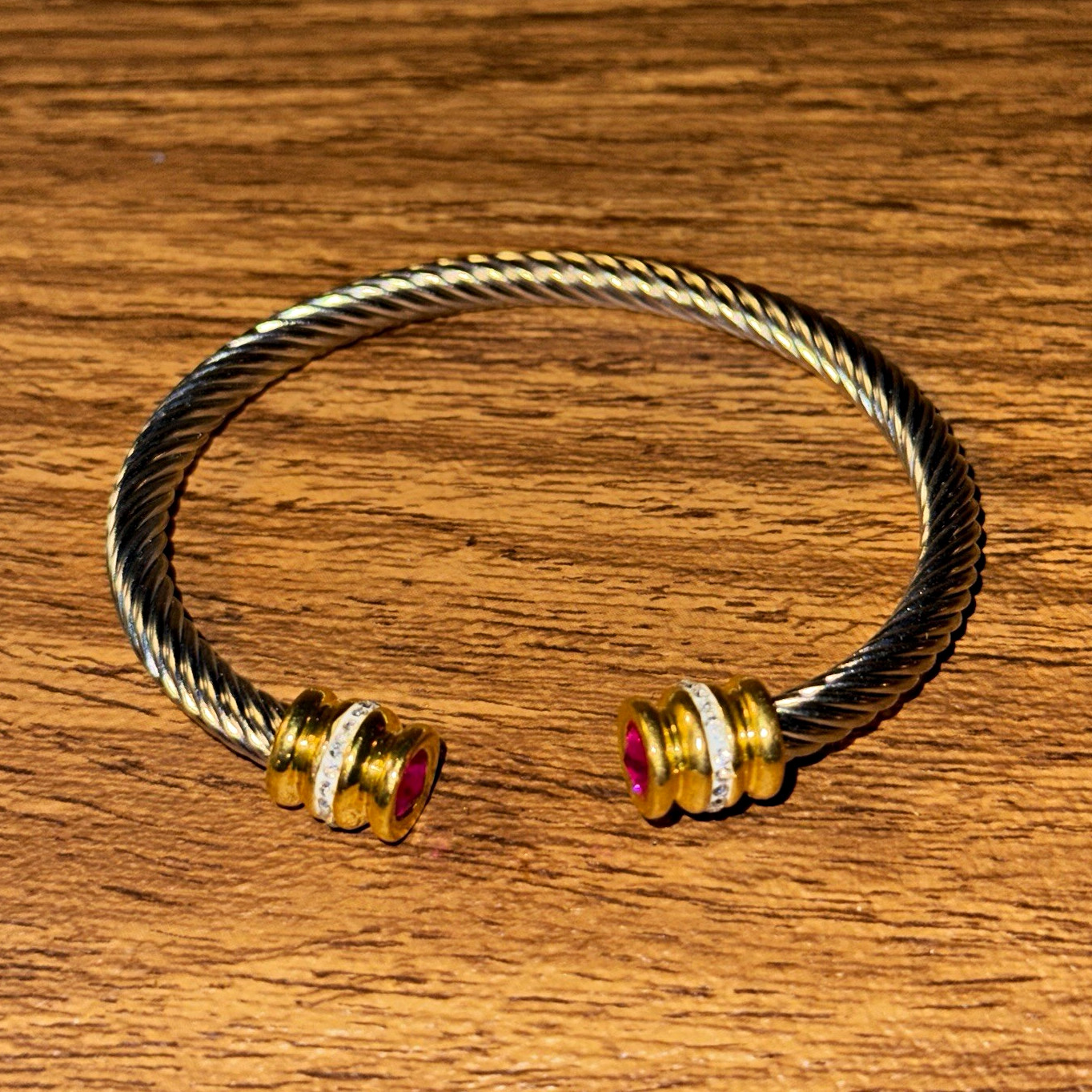 Silver Tone Rope Cable Cuff Bangle Bracelet | Gold Tone Ends Pink Crystals