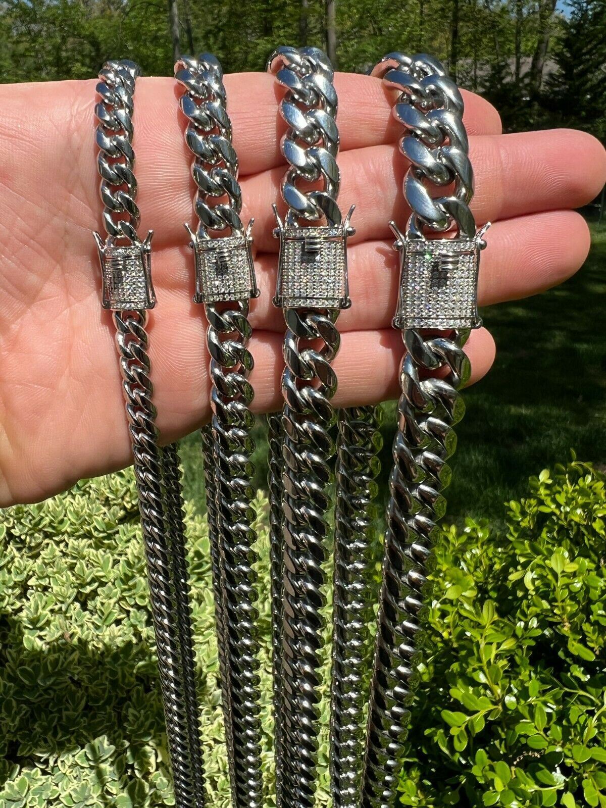 Miami Cuban Link Stainless Steel Chain Necklace Iced MOISSANITE Clasp Hip Hop