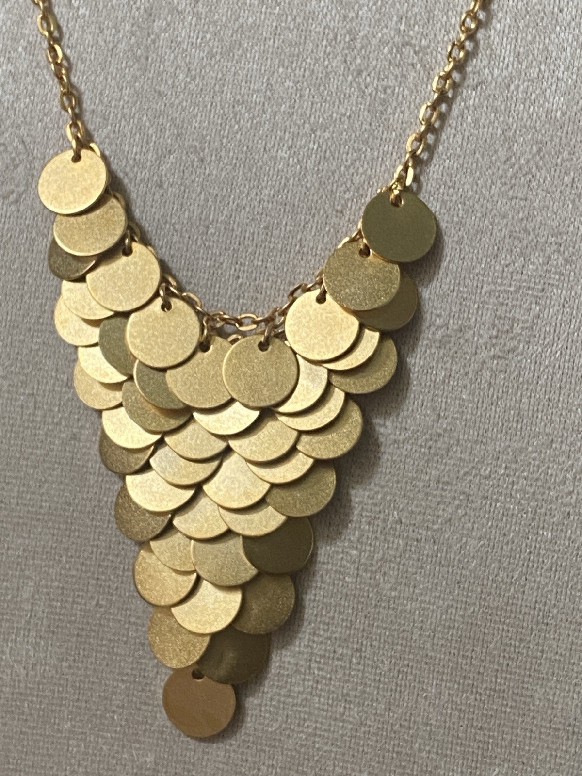 Matte Gold Disc Statement Bib Necklace Cascade Paillette Fringe Modern 16-19”