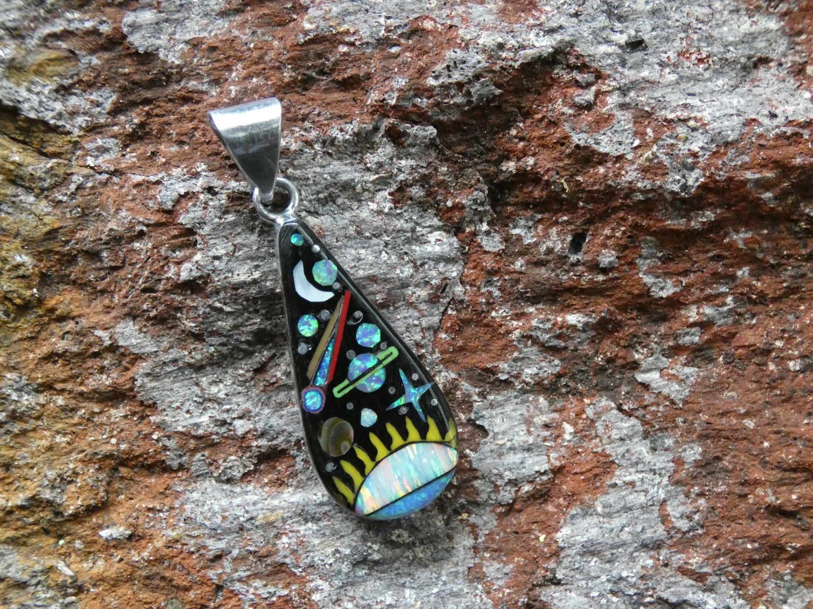Sun Planets Night Sky Gemstone Opal Aluminum Sterling Silver Alloy Pendant AT2