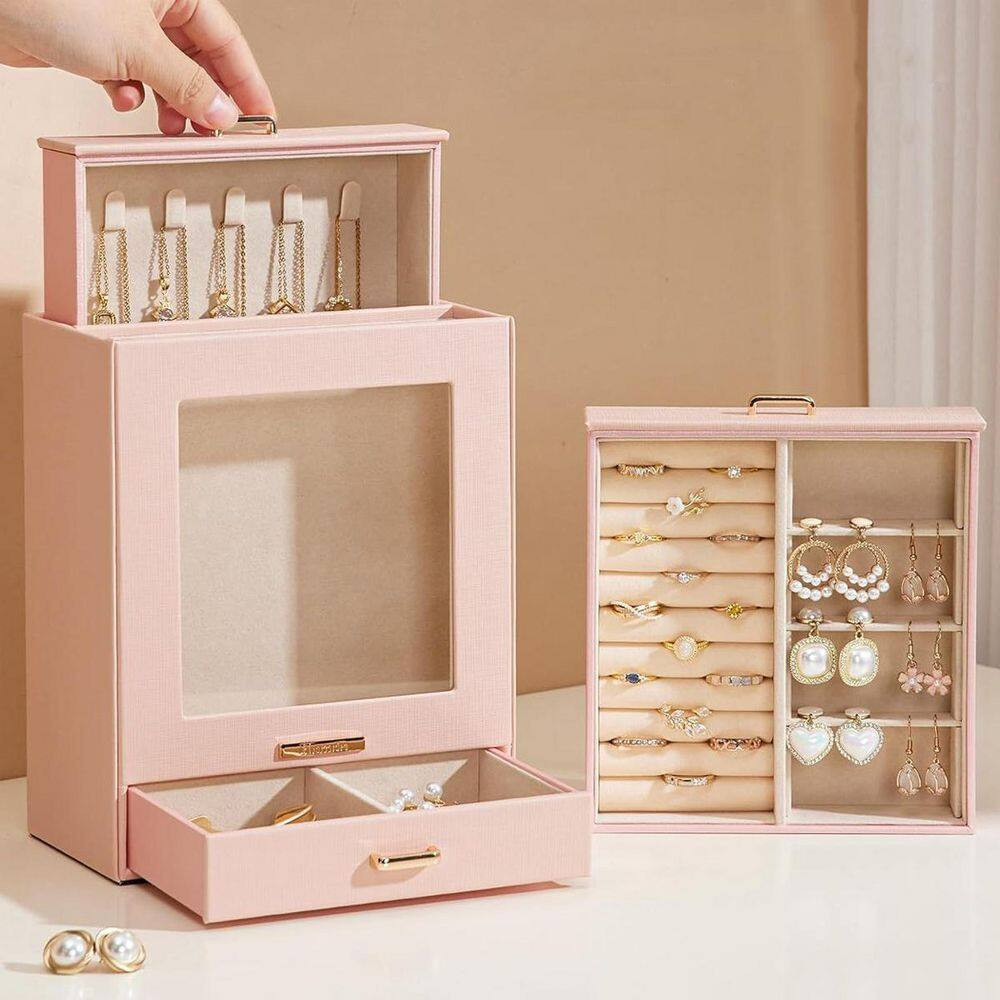 Peach Pink 7 In. X 9 In. Polyurethane Modern Jewelry Box with 3-Drawers