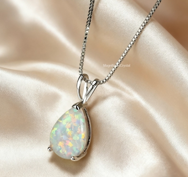 White Opal Pendant Necklace Minimalist Teardrop Opalite Women Silver Jewelry