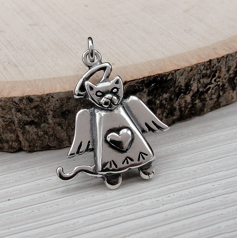 925 Sterling Silver Cat Angel Charm – Cat Angel Wings Charm – Cat Memorial Gift