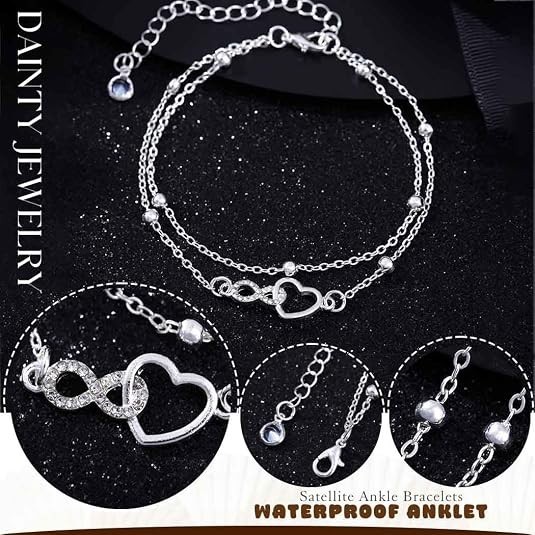 925 Sterling Silver Anklets Set for Women Dainty Shiny Waterproof Chain Jewelry