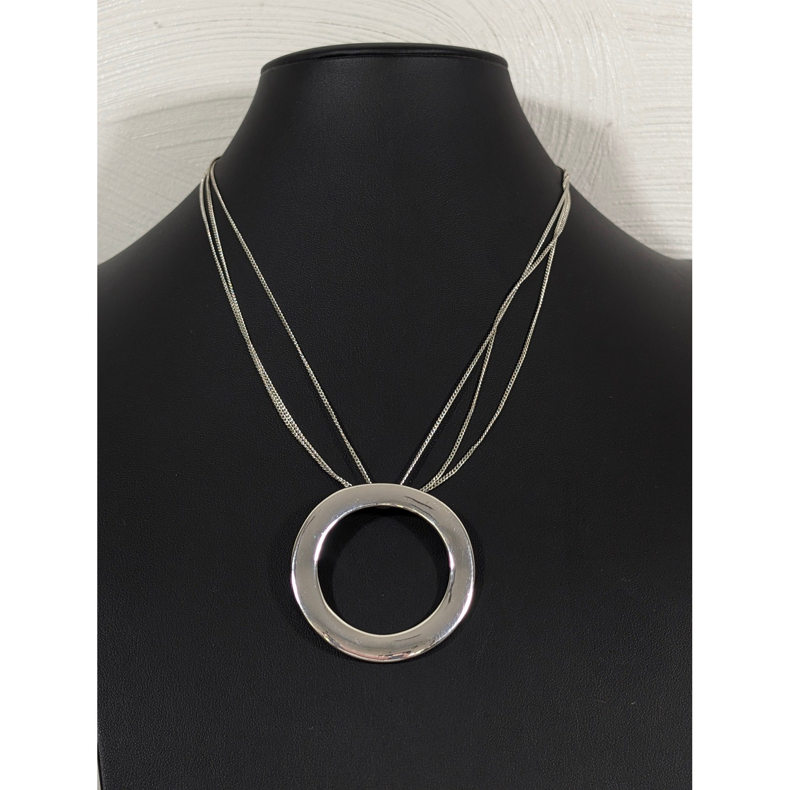 Silver Tone Circle Pendant Necklace Multi Chain Minimalist Modern Y2K 20 in