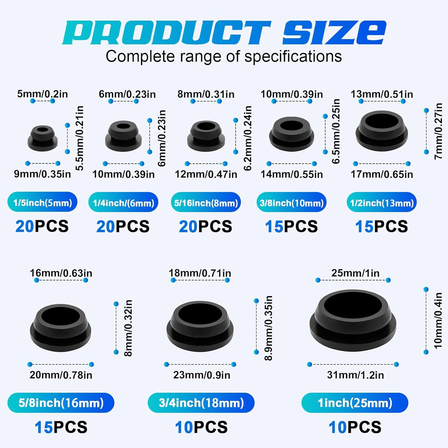 125PCS Rubber Plugs for round Holes, Premium Black Rubber Hole Plugs, Various