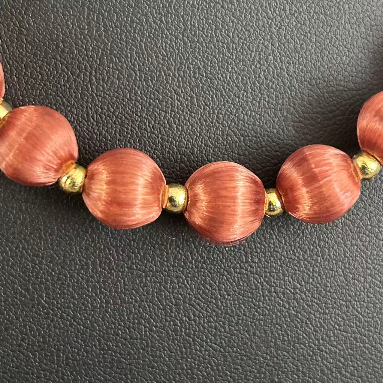 Vintage Burgundy Silk Satin Thread Wrapped Bead Single Strand Necklace 30″
