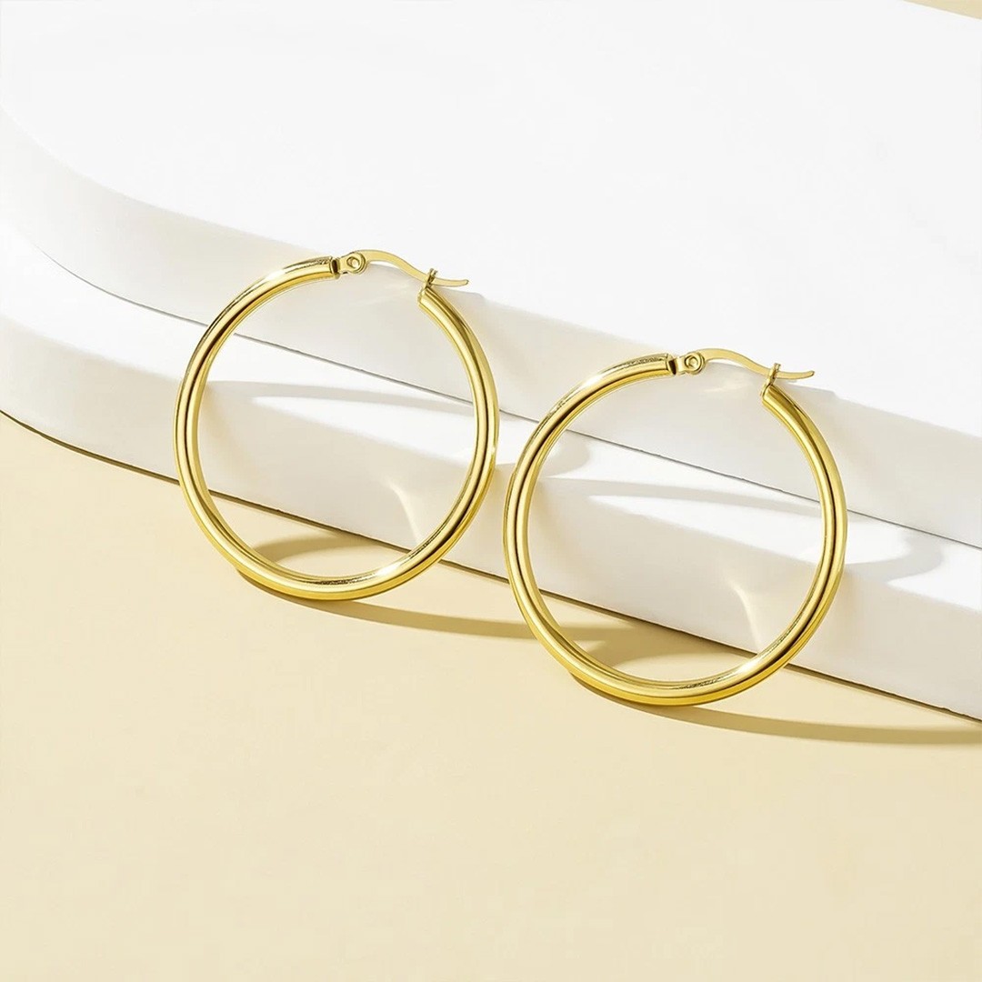 30mm 14K Real Solid Yellow Gold Shiny Polished Round Creole Hoop Earrings Gift