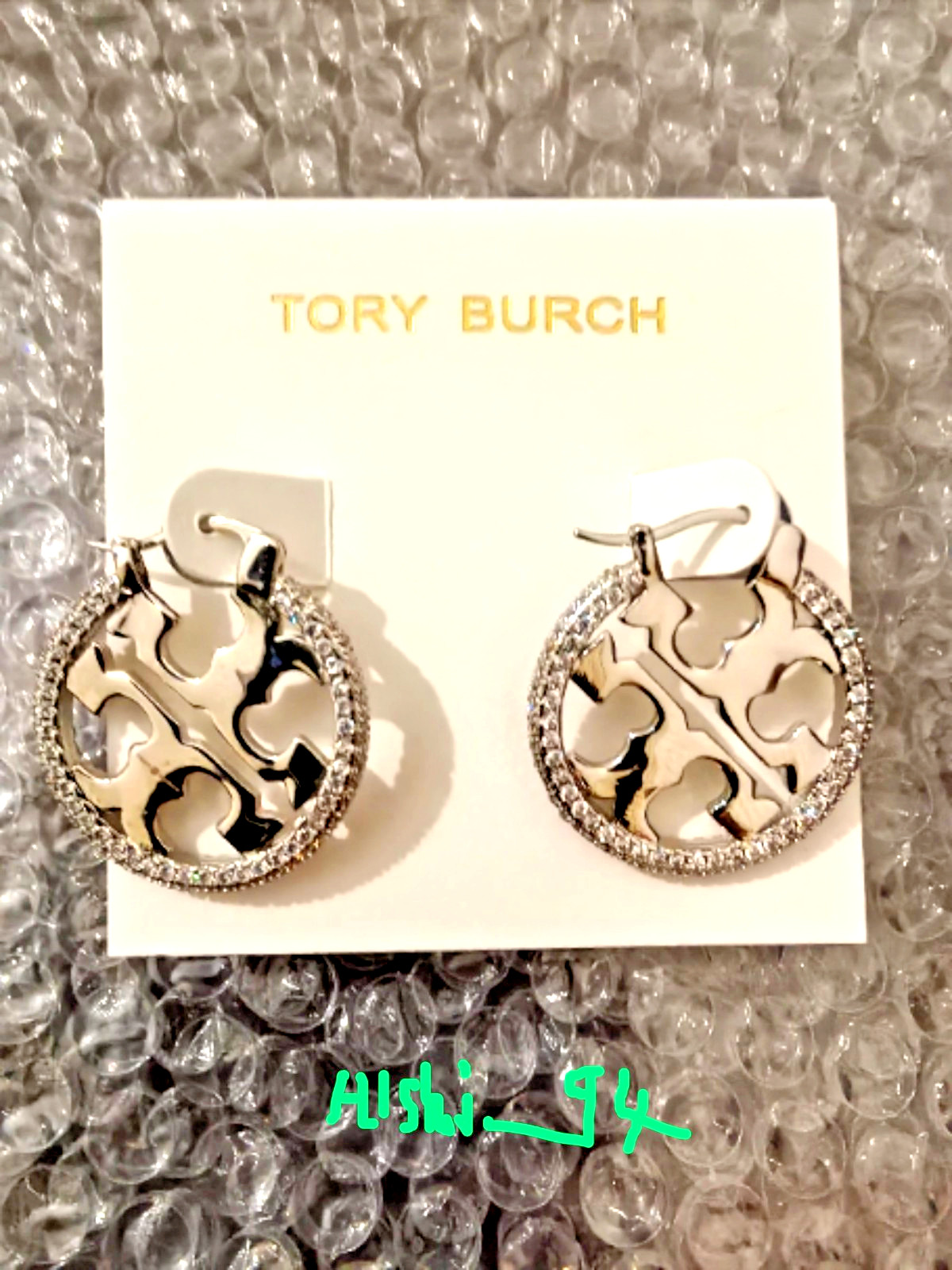 Tory Burch Miller Pave Zircon Logo Hoop Earrings Silver