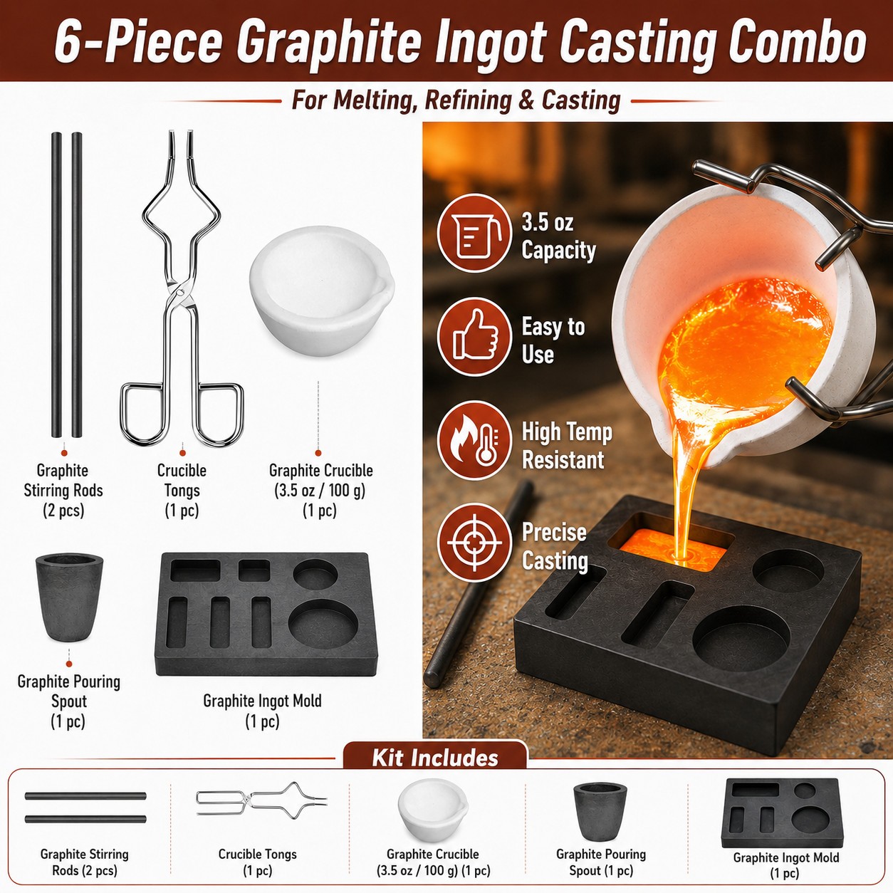 6PCS Graphite Ingot Casting Mold Kit for Gold Silver Copper Refining Melting