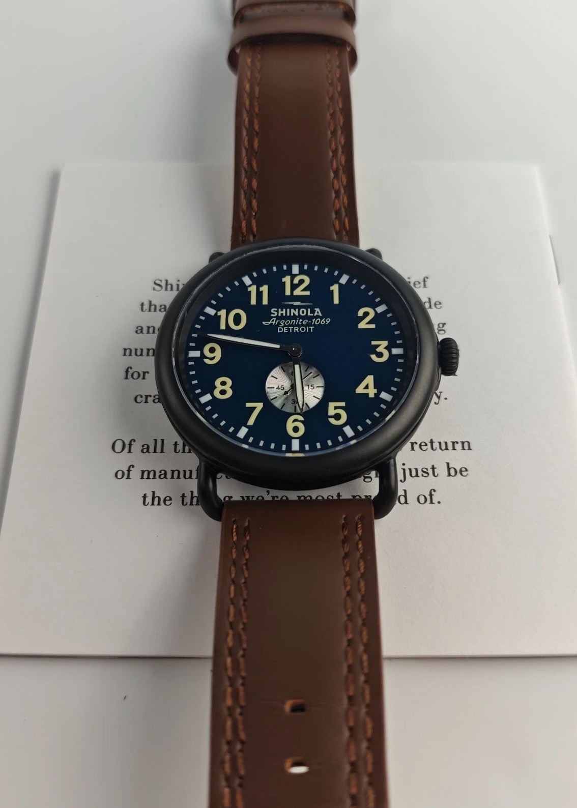 Shinola The Runwell Argonite 1069 Men’s 47mm Blue Dial Brown Strap Quartz Watch