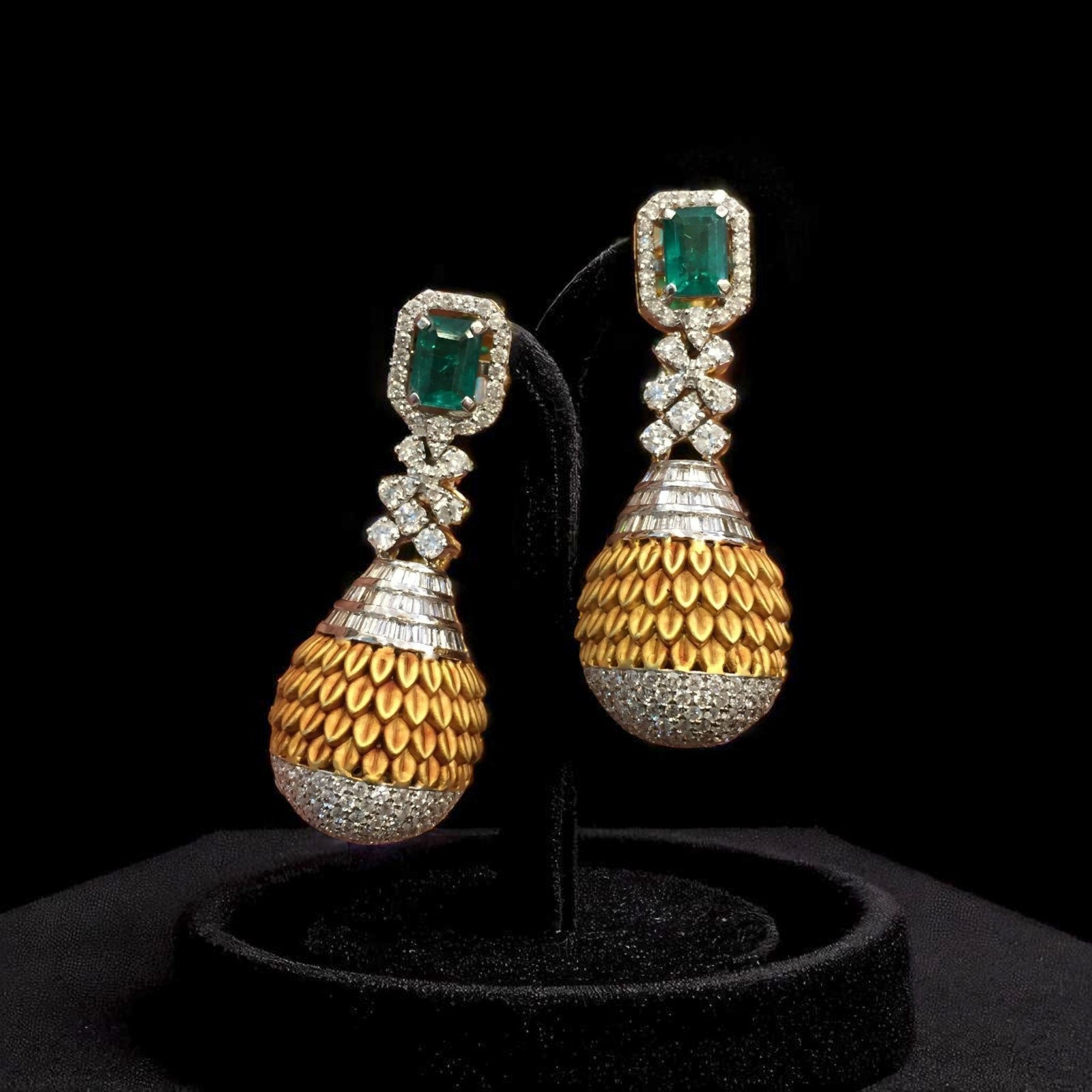 Elegant 6.30 Cts Round Baguette Shape Diamond Emerald Dangle Earrings 14K Gold